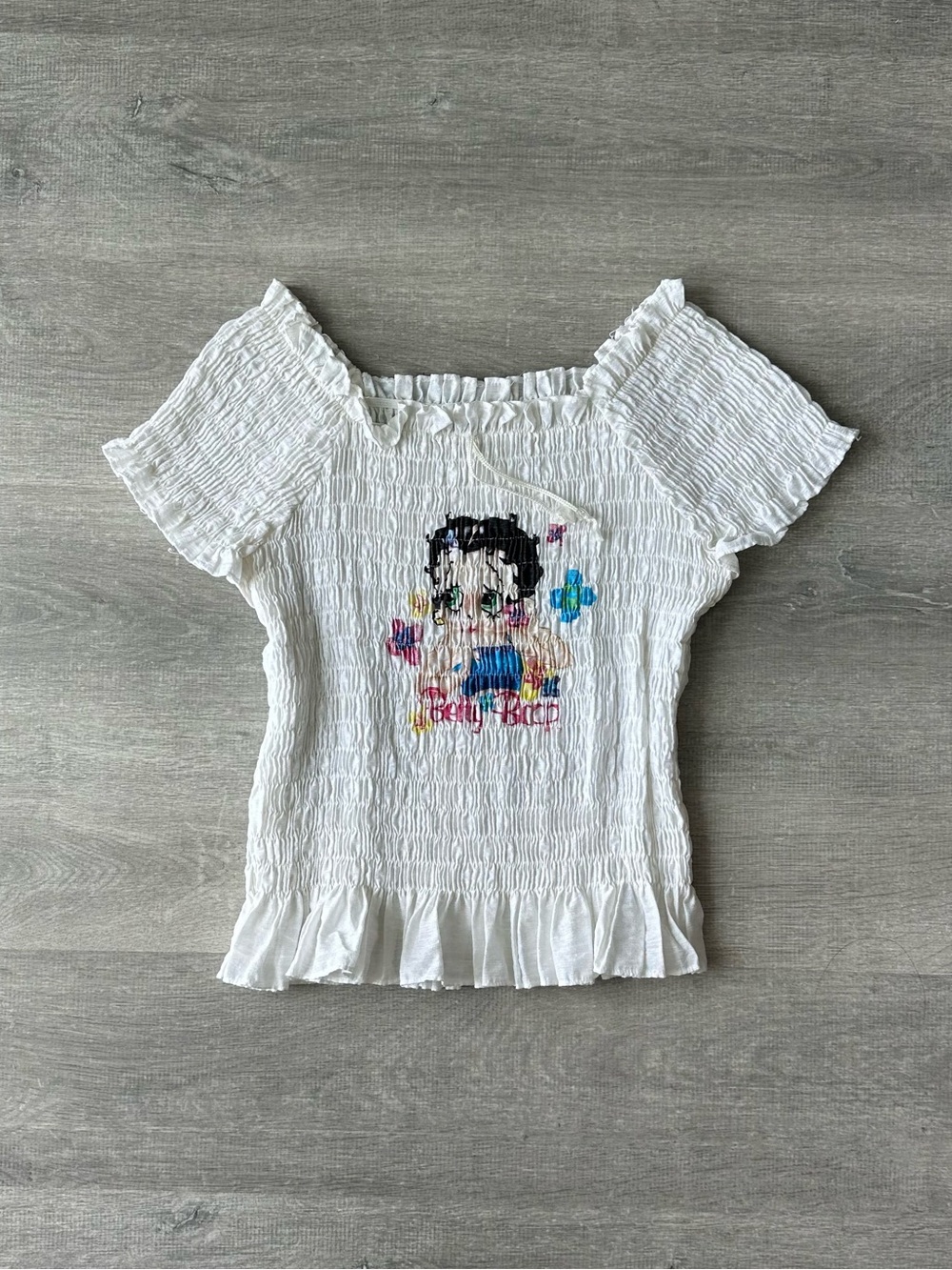 Vintage 2001 Betty Boop White Smocked Y2K Blouse Ruffle Mesh Top